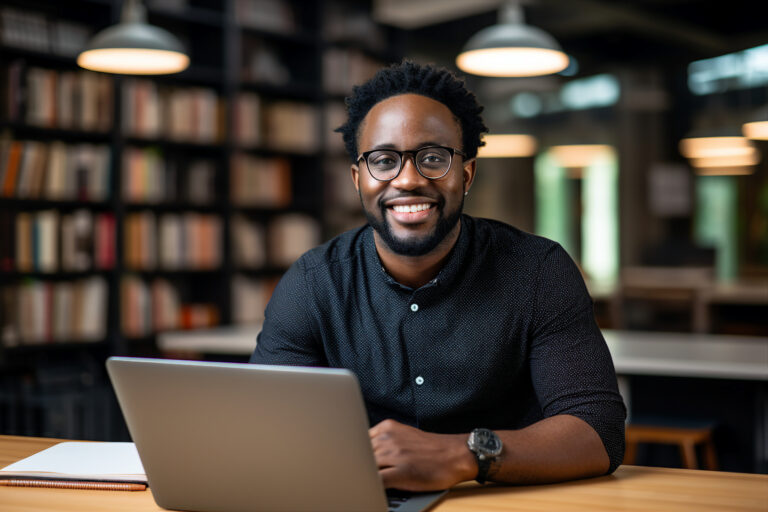 photography of happy smiling handsome middle aged man lecturer preparing to lesson on library bookshelf background generative ai